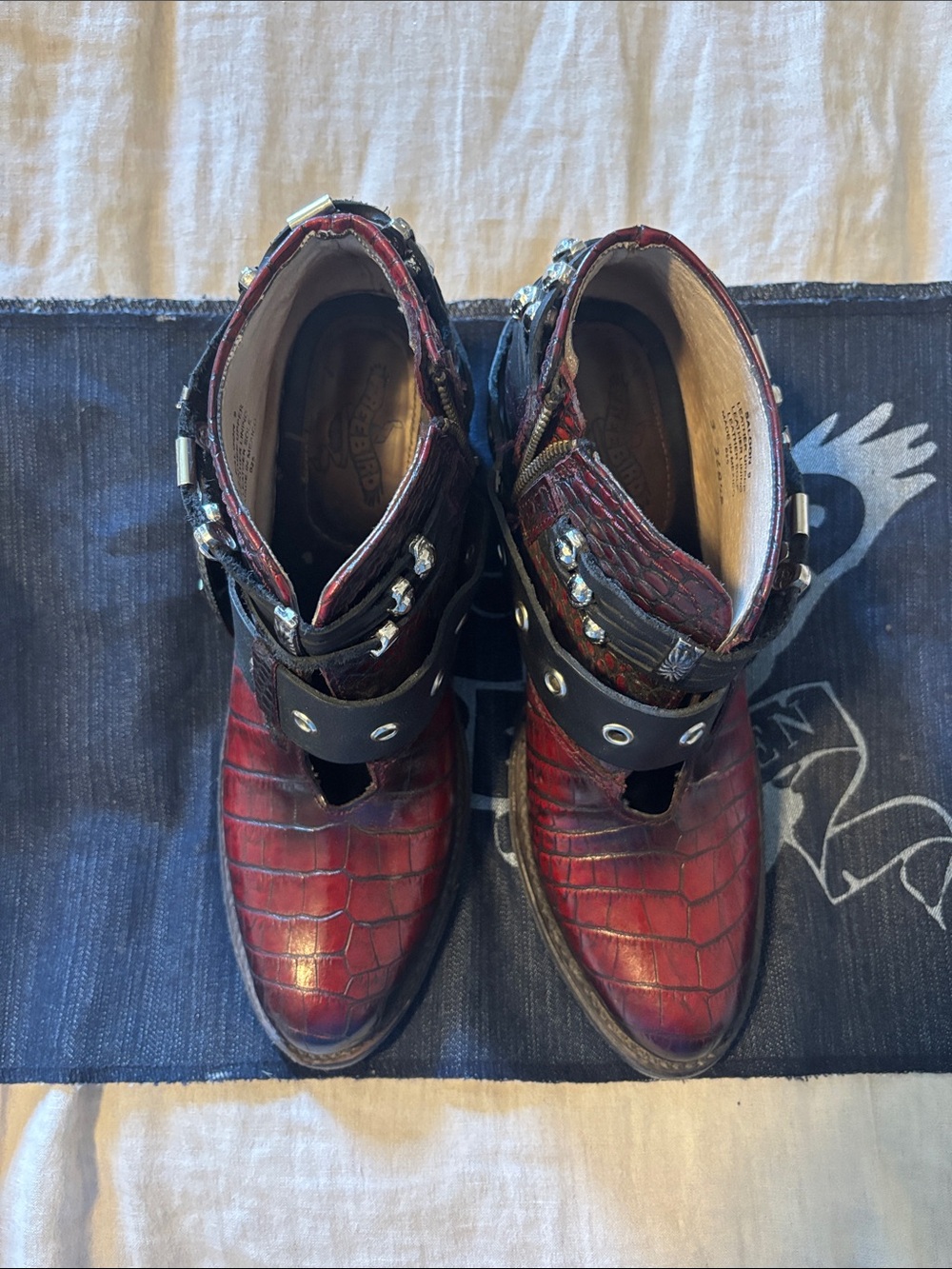 Red Croc-Embossed SALOON Freebird Ankle Boots with Studded Straps - Picture 2 of 6